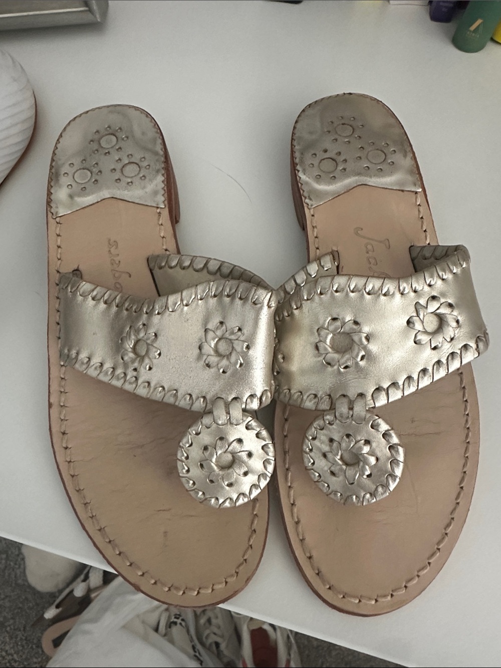 Jack Rogers Metallic Floral Leather Slide Sandals for Women - size 6